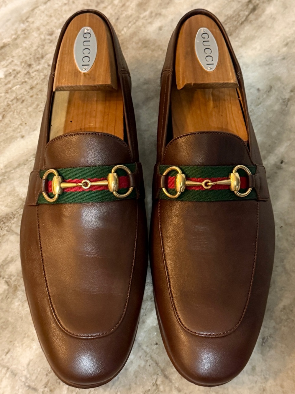 GUCCI Brixton Horsebit Brown Leather Web Loafers 7.5 / 8 US  1953 Moccasin $1100